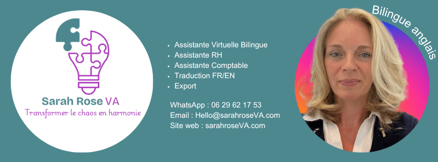Image d'une assistante virtuelle bilingue nommée Sarah Rose, incluant son logo et ses coordonnées professionnelles.